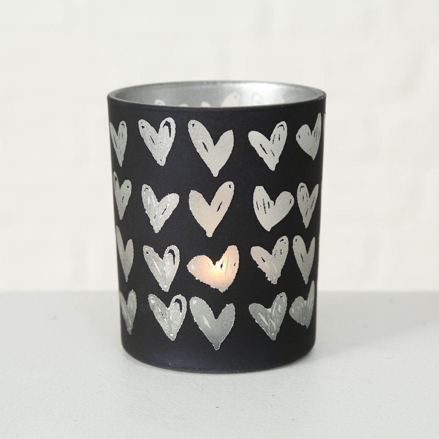 Windlicht klein schwarz Herz silber Detail