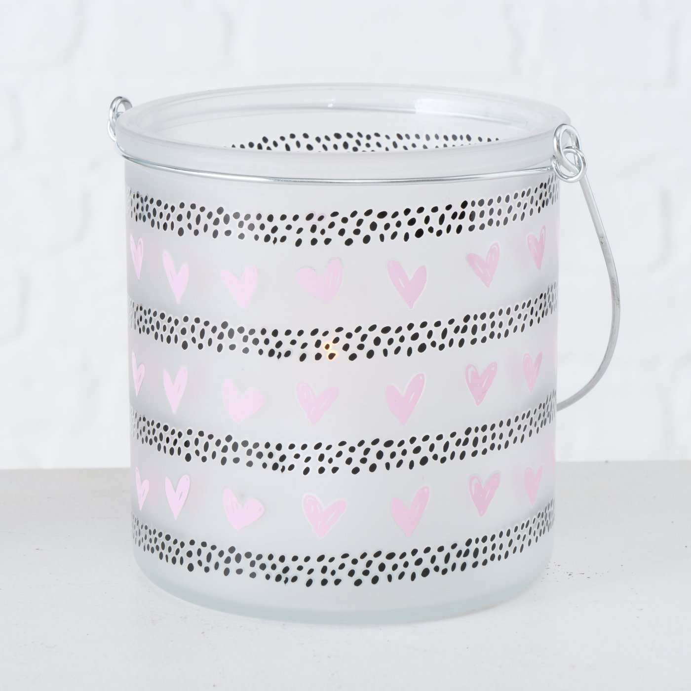 Windlicht groß Herz rosa Punkte schwarz