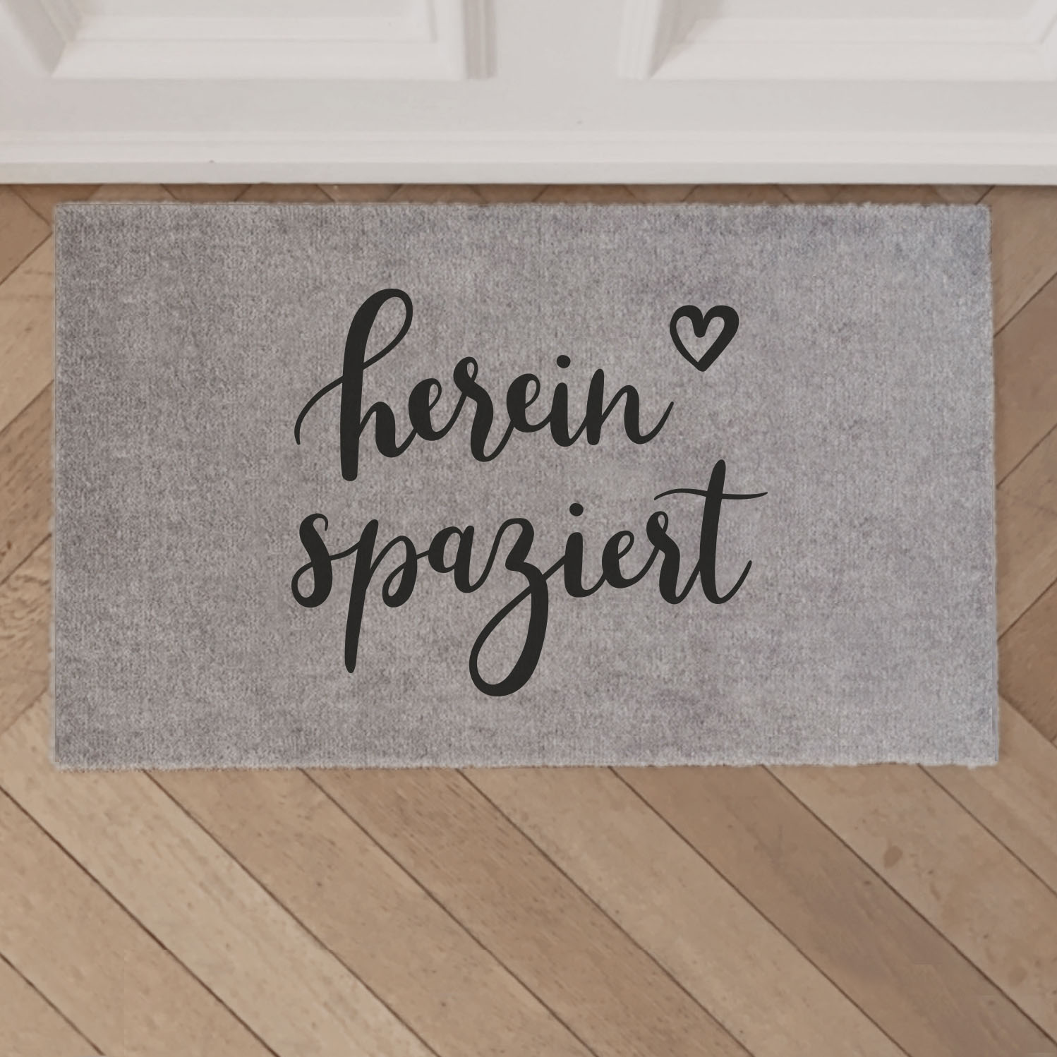 Waschbare Fußmatte Hereinspaziert grau