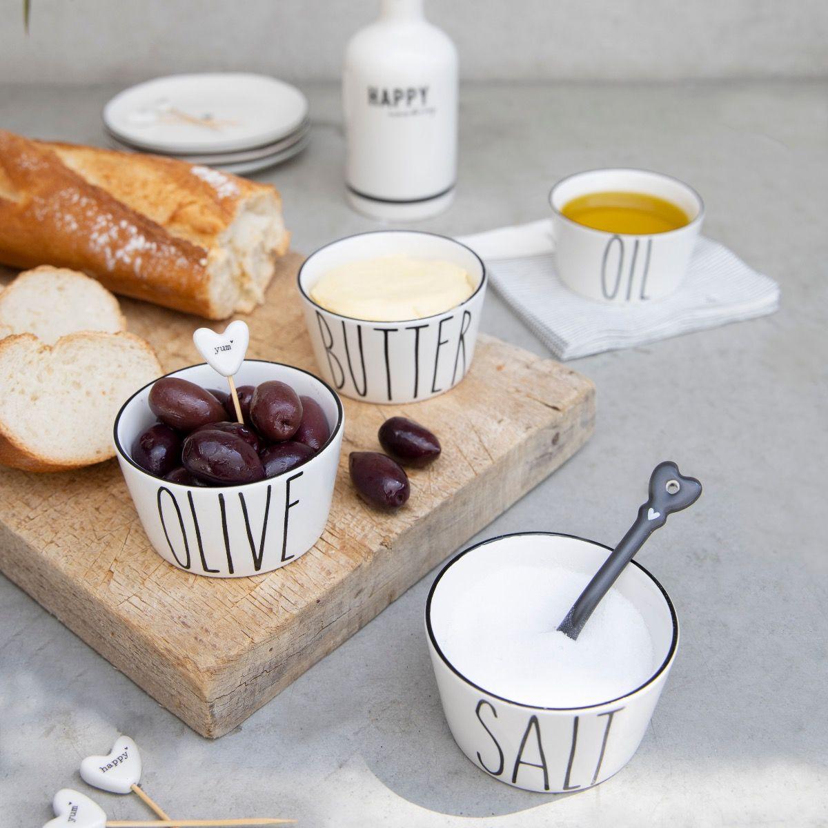 Kleines Schüssel-Set Salz Butter Öl Olive