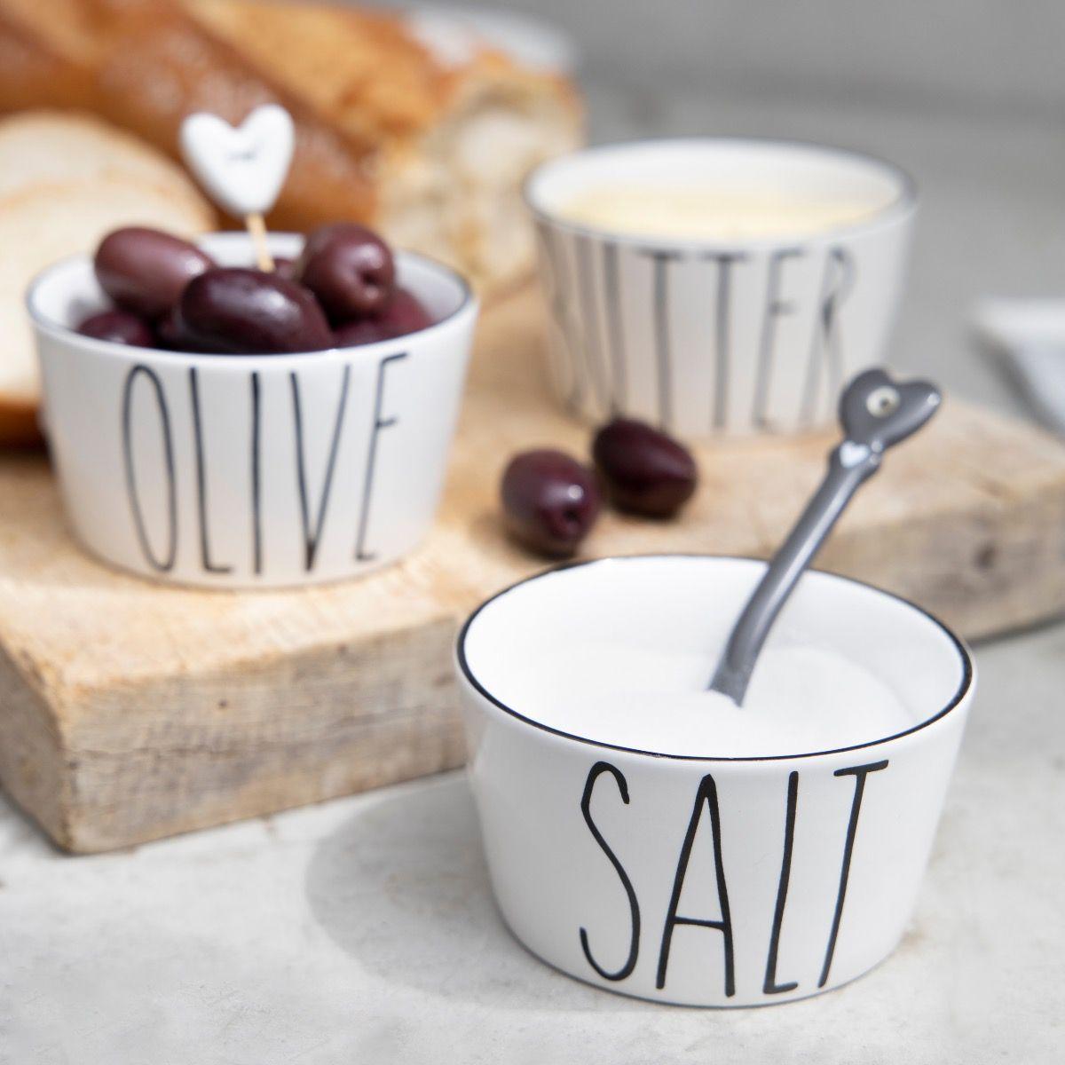 Kleines Schüssel-Set Salz Butter Öl Olive