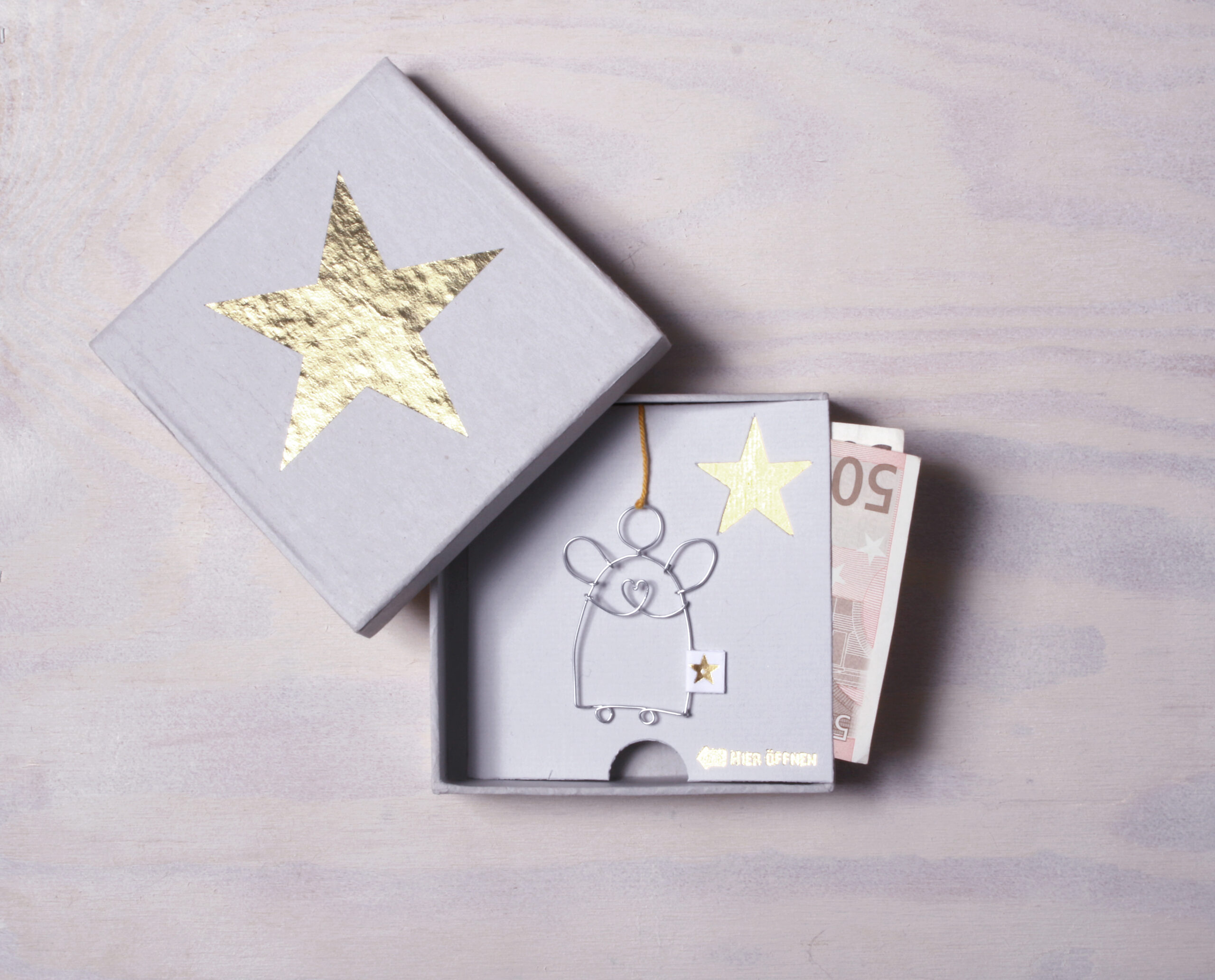 Geld einfach verschenken, Platz für Widmung im Deckel, abnehmbarem Drahtornament. Schöne Geschenkideen von Good old friends